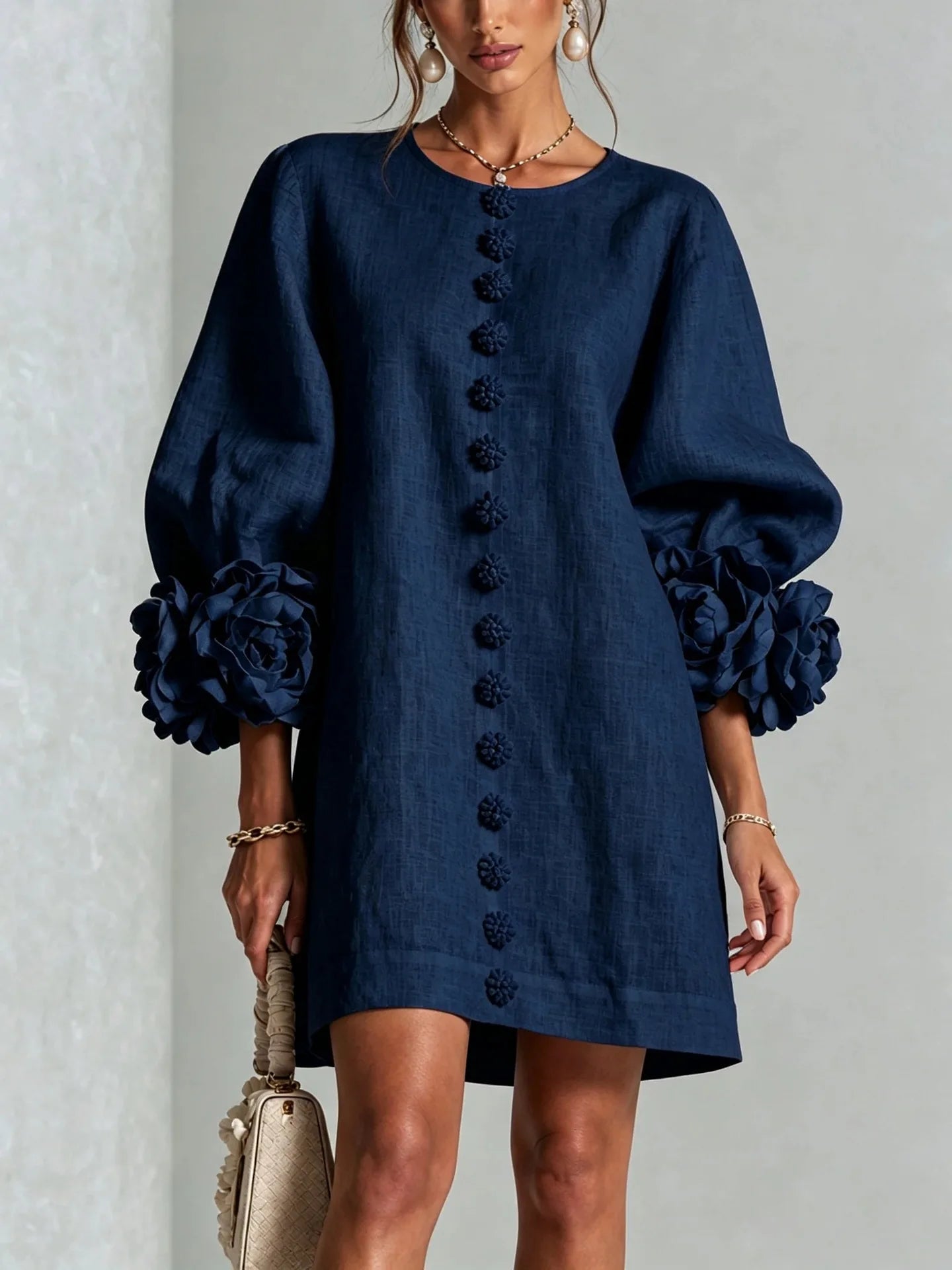 French-style Three-dimensional Flower Lantern Sleeve Cotton-linen Dress with a Round Neck, Single Button Closure, Loose Fit, and