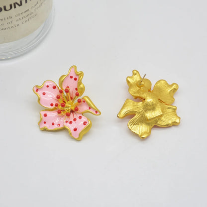 HUANZHI Enamel Pink Flower Stud Earring Irregular Petal Vintage Drip Oil Elegant Sweet Jewerly Gift for Women Girls