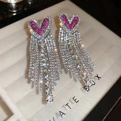 Fashion Long Tassel Rhinestone Drop Earrings for Women Pink  Heart Crystal Dangle Earrings Statement Jewelry