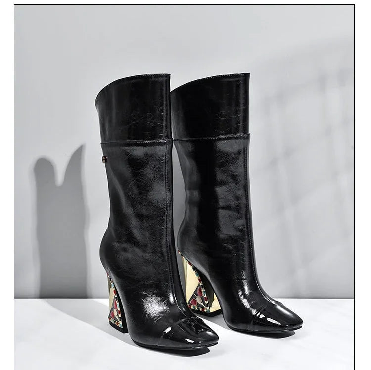 Colored Rhinestone Cowhide Mid Tube/knee Length Boots Thick Heeled Square Toe Black Gold Runway Runway Performance High Heels