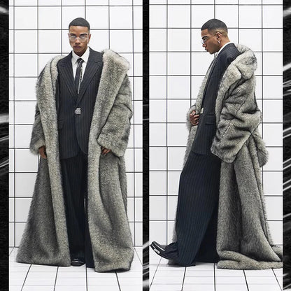 New men's fur coat, fox fur lapels, long trendy overcoat, winter windproof and warm trench coat, large size | Kimlud...