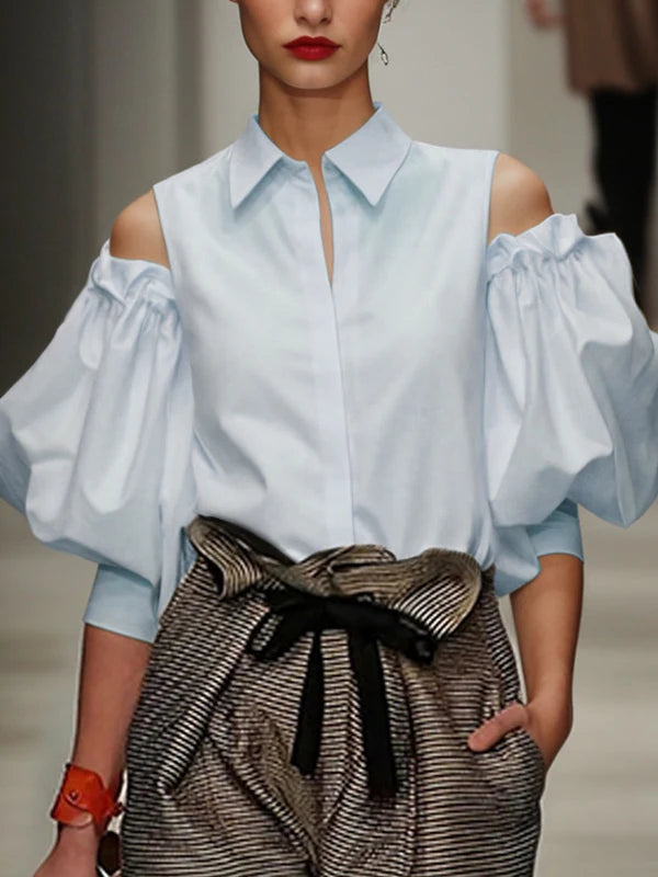 Yeezzi Women's Solid Color Cold Shoulder Lapel Shirts 2025 New Spring Summer Puff Sleeves Loose Pleated Urban Casual...