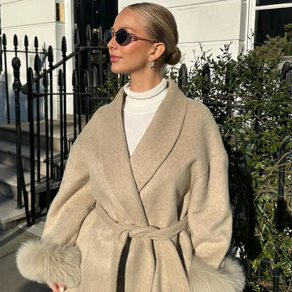 Retro Black Fur Patchwork Woolen Coat Women Chic Full Sleeve V-neck Lace Up Loose Long Overcoat 2025 Lady Winter Commute Outwear