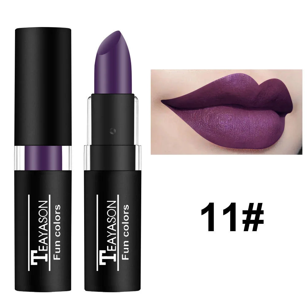 1Pcs Long Lasting Pigment Nude Purple Black Blue Red Green Lipstick Waterproof Velvet Matte Luxury Lips Makeup Cosmetics