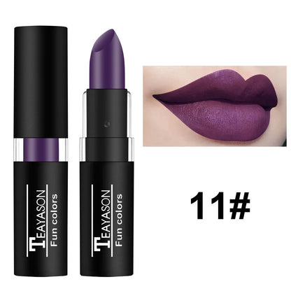 1Pcs Long Lasting Pigment Nude Purple Black Blue Red Green Lipstick Waterproof Velvet Matte Luxury Lips Makeup Cosmetics