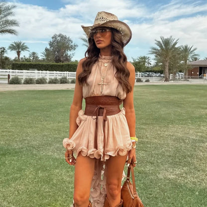 Sexy Ruffles Hem Top Skirt Sets Two Pieces Vintage Sweet Sleeveless Lace Up Crop Tops Low Waist Skirt Summer Lady Clothes Sets