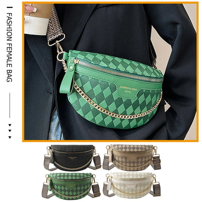 Rhombic Lattice Female Sling Waist Pack Fashion Chain Sports Satchel Casual PU Leather Portable Wide Strap for Weekend Vacation