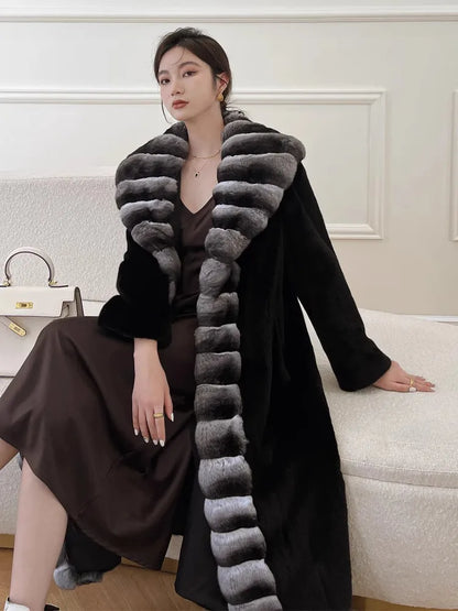 Women's velvet mink coat long winter warm trench shawl fur coat whole mink - Kimlud