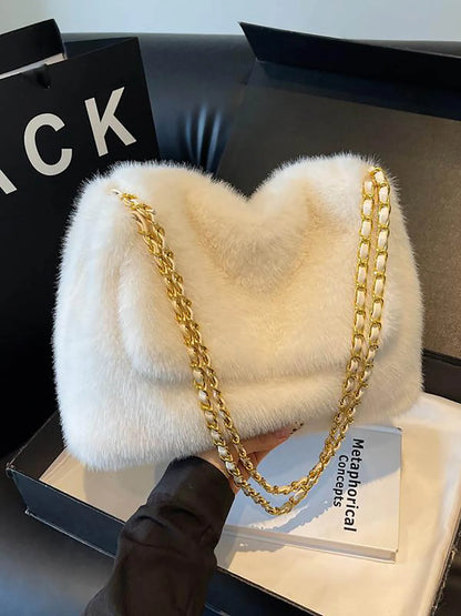 Fashion White Plush Tote Bag Women Casual Large Capacity Chain One Shoulder Bags Autumn/Winter New Fake Fur Handbag Trend