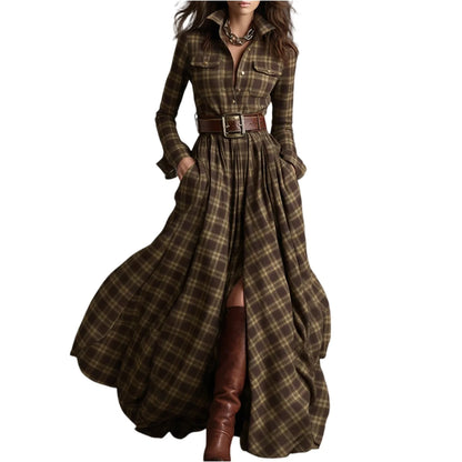 Retro Plaid Long Dresses Ladies Fashion Irregular Hem Slit Spring Autumn Long Sleeve Dress Western Style Buttons Shirt Dress New