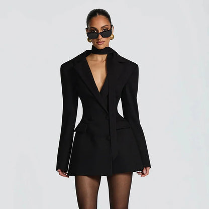 Mozision Deep V Neck Long Sleeve Sexy Mini Blazer Dress Women Elegant Double-breasted High Waist Club Party Blazers Dress
