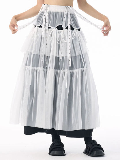 [EAM] High Elastic Waist Coffee Mesh Perspective Ribbon Strap Half-body Skirt Women Fashion Tide New Spring Autumn 2026 1DJ5044