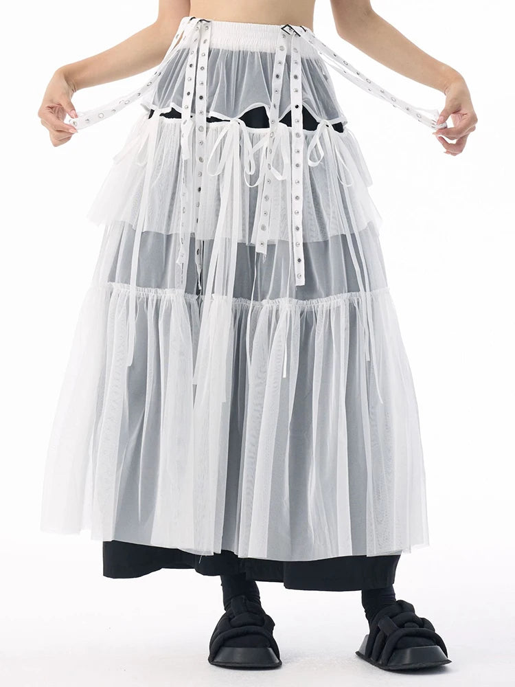 [EAM] High Elastic Waist Coffee Mesh Perspective Ribbon Strap Half-body Skirt Women Fashion Tide New Spring Autumn 2026 1DJ5044