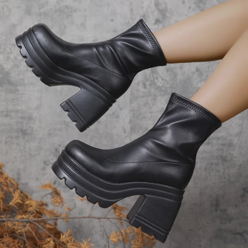 Women New Fashion Short Boots Women Sexy Leather Boot Square toe casual Zipper high heels Casual thick soled women shoes...