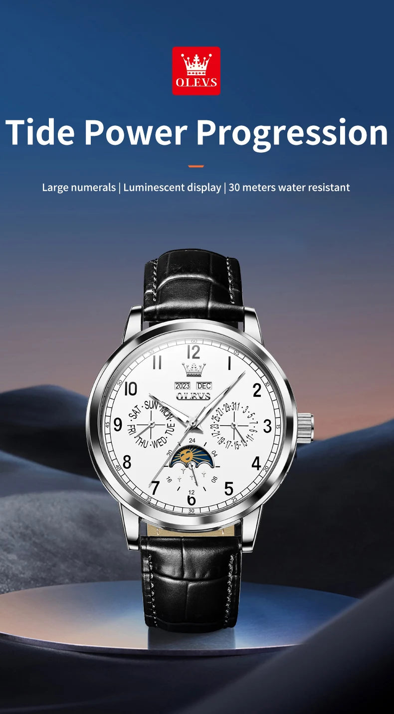 OLEVS 6698 Mens Watch Luxury Dress Brand Moon Phase Automatic Mechanical Watch For Men Leather Waterproof Dual Calendar...