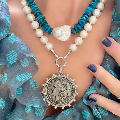 freshwater pearl chunky Stone Beads Turquoise queen Coin Pendant Choker Necklace For Women Girls Party Wedding Handmade Jewelry