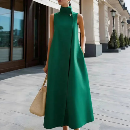 Simple Fashion Single Button High Neck Maxi Dress Women Spring Solid Pocket A-Line Long Dress Summer Sleeveless Bohemian...