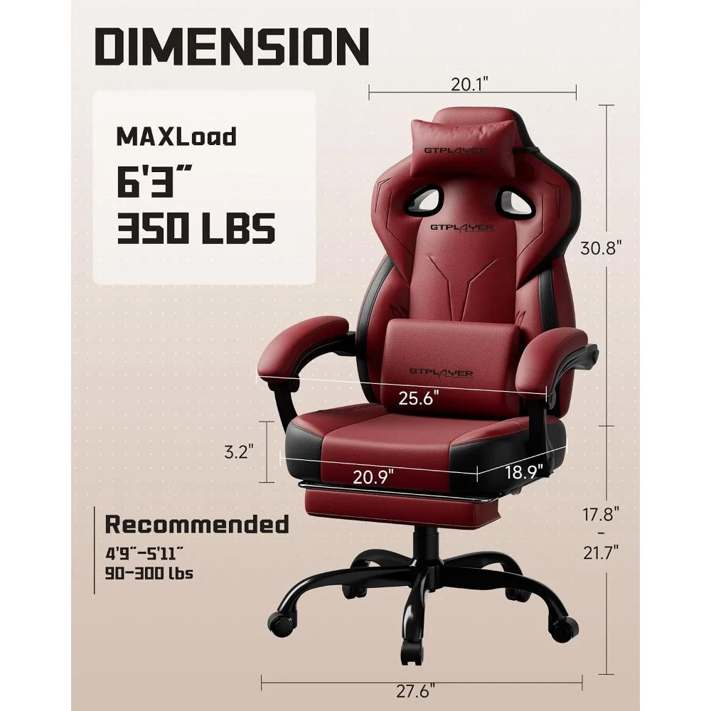 GTPLAYER Ergonomic Gaming Chair, High Back with Footrest, Wide Seat, Lumbar Support, Wine Red | Kimlud Gaming Luxury Chair