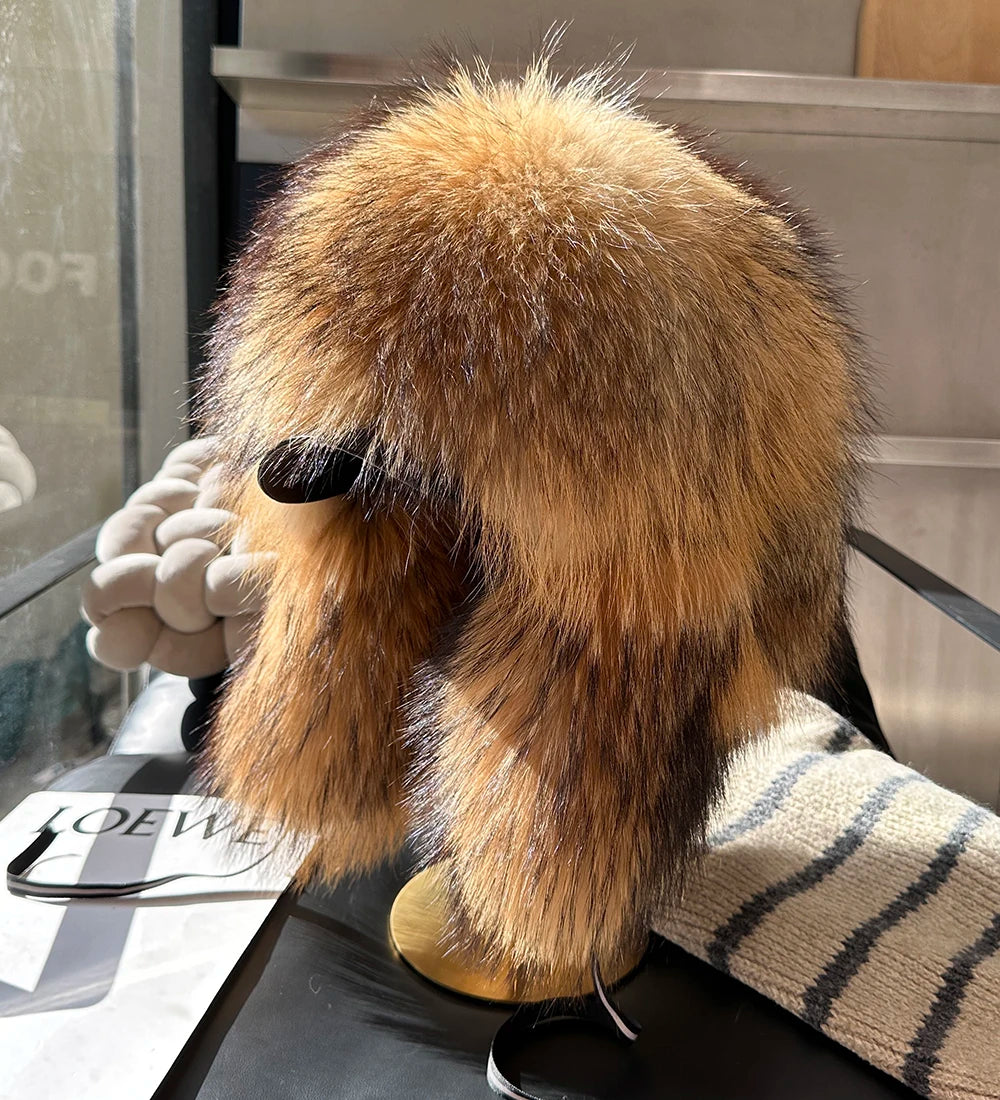 Natural Raccoon Fur Caps Russian Hat Unisex Trapper Fur Cap Aviator Trooper Winter Thickened And Warm Flaps Ski Hat Bomber Hats