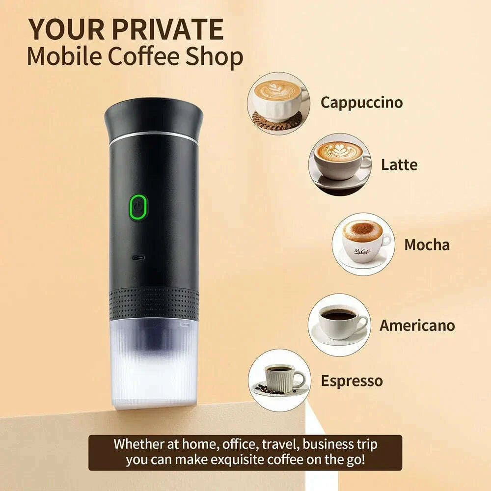 3 in 1 Portable Cordless Espresso Machine Travel, Car and Home Camping Coffee Maker Capsule Powder Coffee Maker Smart Heating