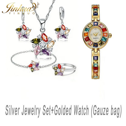 26 Wellness Jewelry Set 925 Sterling Silver Windmill Colorful Good Lucky CZ Necklace Earrings Bracelet Ring+Gift Box For Women