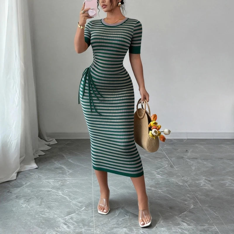 Women's Green Striped Crew Neck Short Sleeve Self-Tie Sundress Stretchy Knit Bodycon Maxi Dress Casual Summer Daily...