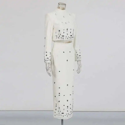 TWOTWINSTYLE Solid Spliced Diamonds Two Piece Set For Women Stand Collar Long Sleeve Tops High Waist A Line Skirt Set Female New