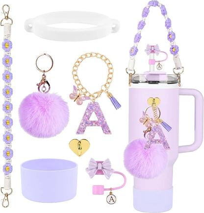 7PCS Accessories Set for Stanley Cup Purple Straw Topper Cup Boot Water Bottle Handle Strap Letter Charms 40oz 30oz Tumbler