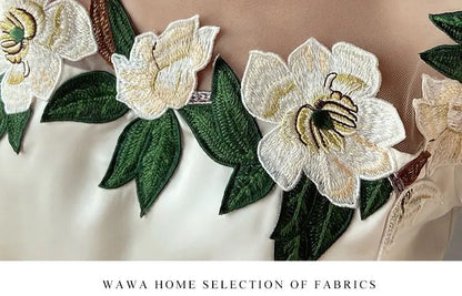 Vintage Embroidered Shirt Elegant Mesh Patchwork Satin Blouse O-neck Tops Spring Autumn Long Lantern Sleeve Women Clothes 24976