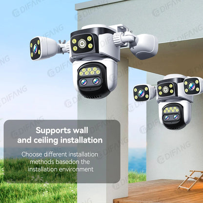 10K WiFi Cam 20MP Wireless Outdoor 10X Zoom Three Screen Four Lens 720° PTZ Automatic Tracking Waterproof Security Camera CCTV