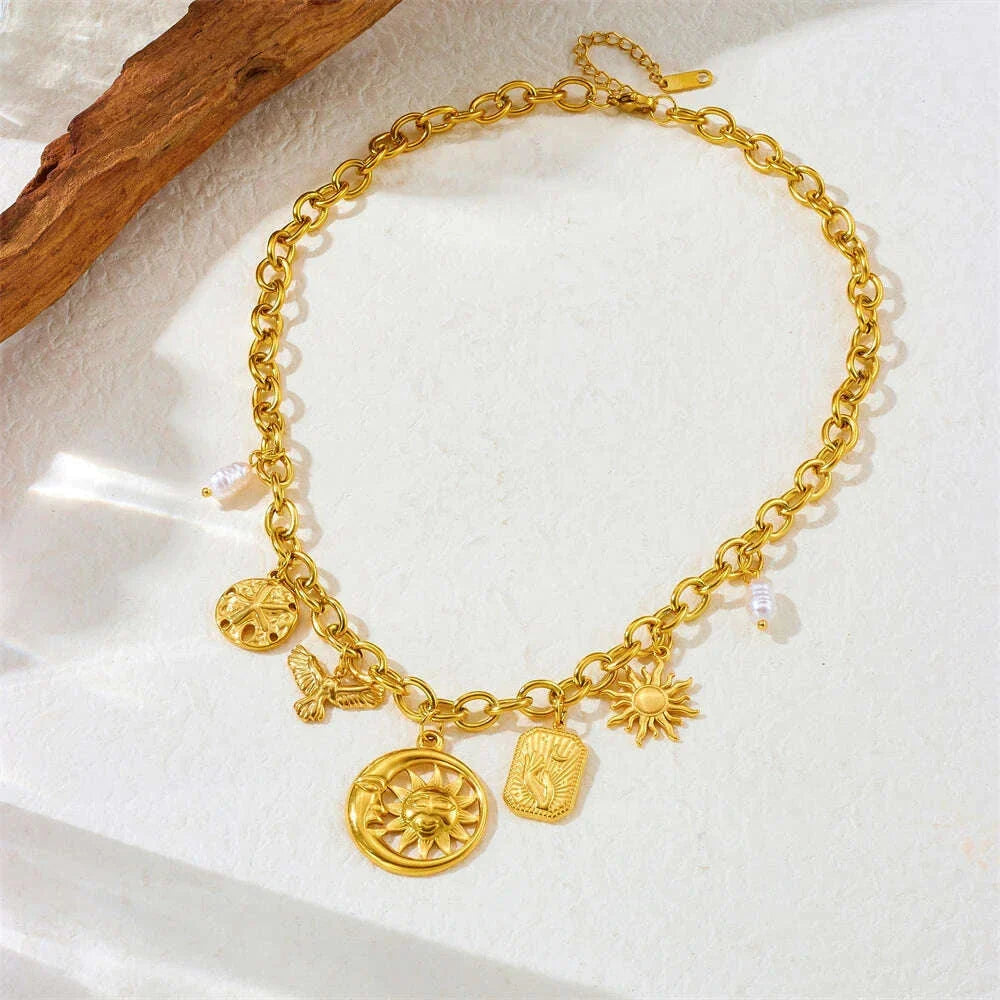 DIEYURO 316L Stainless Steel Pearl Golden Sun Moon Round Pendant Necklace For Women New Trend Fashion Neck Chain Jewelry Gift