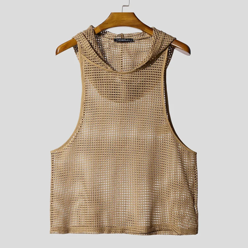 INCERUN Men Tank Tops Mesh Hollow Out Sexy See Through Hooded Sleeveless Male Vests Solid Streetwear Fashion Men Clothing S-3XL - Kimlud