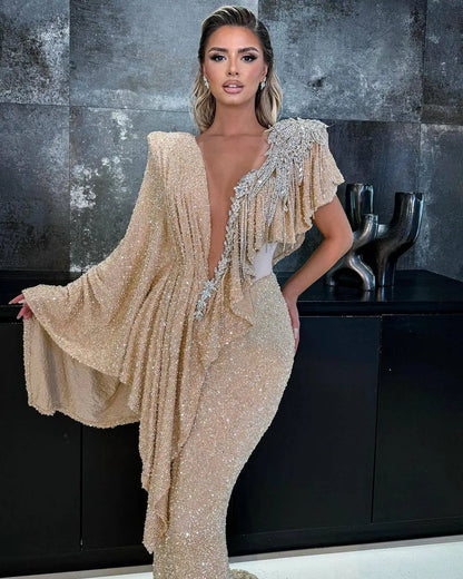 llusion Mermaid Evening Dress For Black Women Sequined V Neck Crystal Beading Prom Gowns Formal Party Second Reception Dresses - Kimlud
