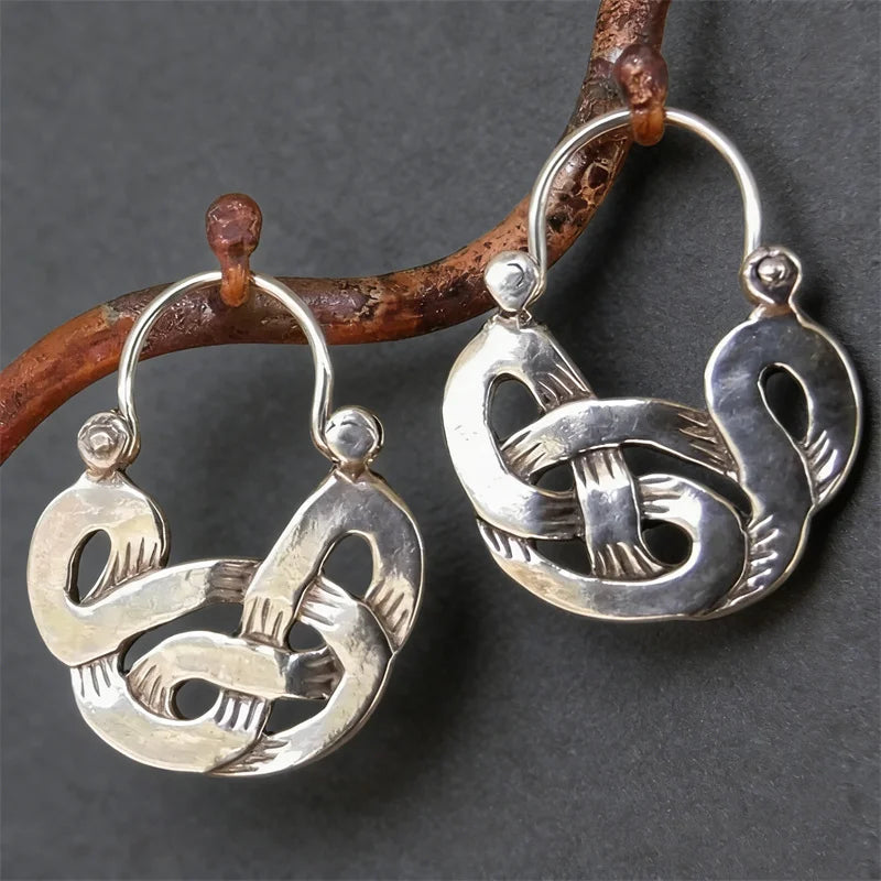 Ethnic Metal Silver Color Geometric Distortion Hoop Earrings for Women Vintage Personality Hollow Earrings Accessories