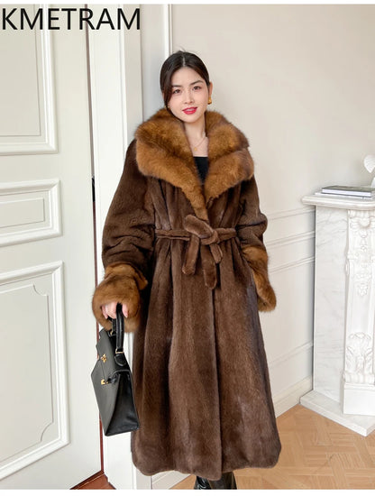 100% Mink Fur Jacket Woman Luxury Sable Collar Long Real Fur Coat Fashion Jackets for Winter Women Clothing 2025 шуба женская