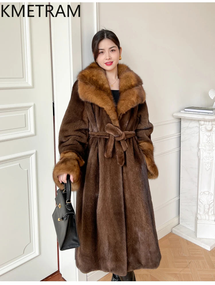 100% Mink Fur Jacket Woman Luxury Sable Collar Long Real Fur Coat Fashion Jackets for Winter Women Clothing 2025 шуба женская