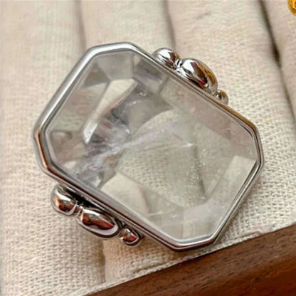 Fashion Square Natural Stone Crystal Ring Gold Color Metal for Women Brass Jewelry  2024 Light Luxury European And American