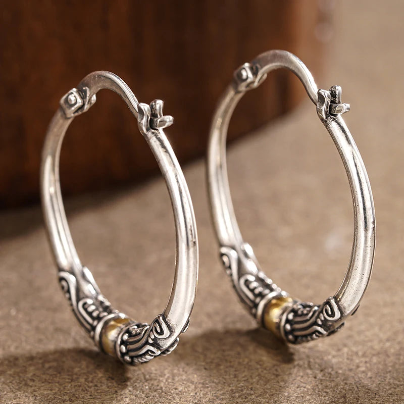 Huitan Vintage Two Tone Bohemian Style Hoop Earrings for Women Engraved Design Novel Trendy Party Big Circle Statement Jewelry