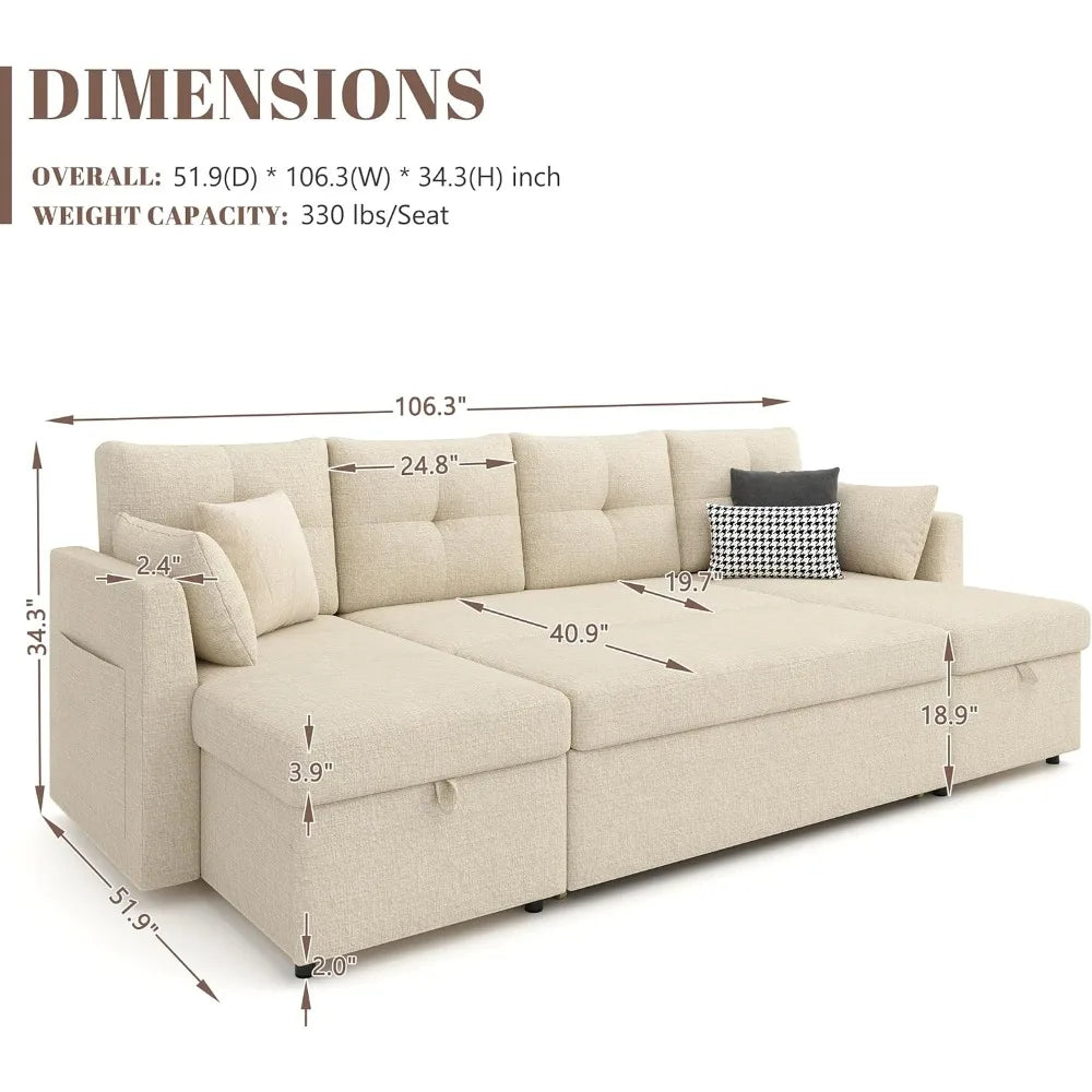 Oversized Sleeper Sofa Couch, 110 inch 2 in 1 Pullout Couch Bed with Double Storage Chaise, Sectional Sleeper Sofa Bed...