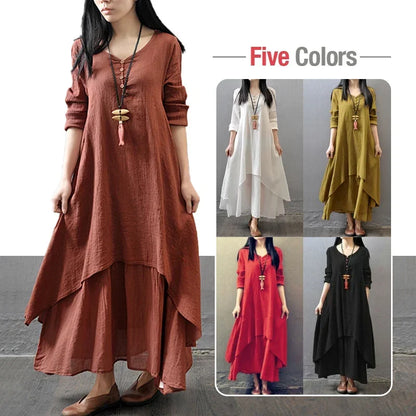 Women's Dress Long Dress Fashion Fake Two Pieces Loose Long Sleeve Art Big Swing Cotton Hemp Bohemian Cotton Vintage Women Dress - Kimlud