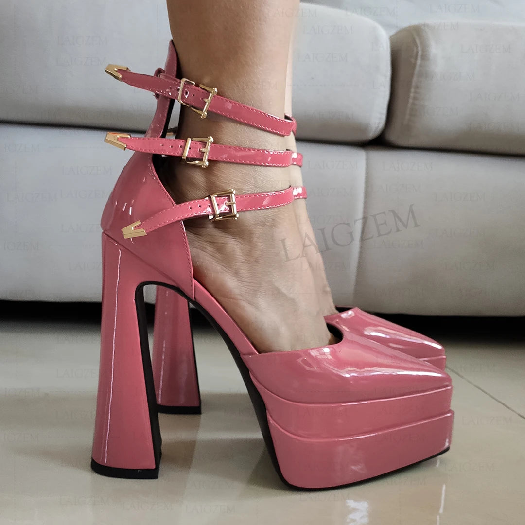 LAIGZEM Women Pumps Pointed Toe Shiny Buckle Straps 14.5CM Thick High Heels Sandals Cosplay Ladies Shoes Woman Big Size 35 41 43
