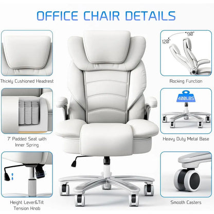 Ergonomic Leather Executive Chair with Wide Seat for 400lb Capacity, High Back and Flip-Up Arms, White | Kimlud Luxury Home