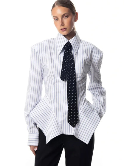 Women's Collar Striped Shirt with Asymmetrical Hem and Waist Cinching 2026 Spring summer Fashionable Casual Office...