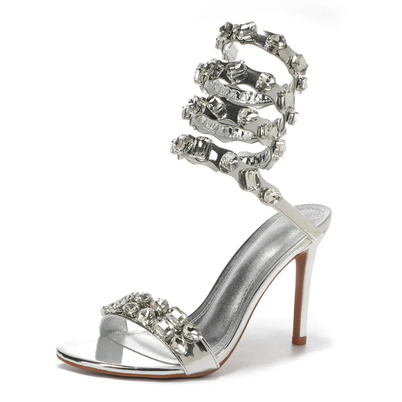Star style Luxury Crystal Embellished Wraparound Women Sandals Stiletto High heels Gladiator Sandals Summer Wedding Prom Shoes - Kimlud