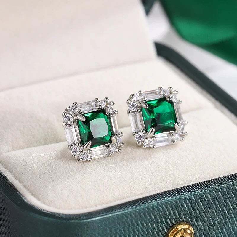 Beautiful 925 Sterling Silver Earrings for Women's Shiny Green AAAA Zircon Earrings Stylish Geometric Jewelry Party Earrings