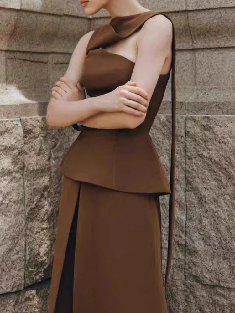 Eshin Luxury Brown Two-Piece Set Women Elegant One-Shoulder Peplum Top And High-Waisted Maxi Skirt With Sash Dubai SA1471 - Kimlud