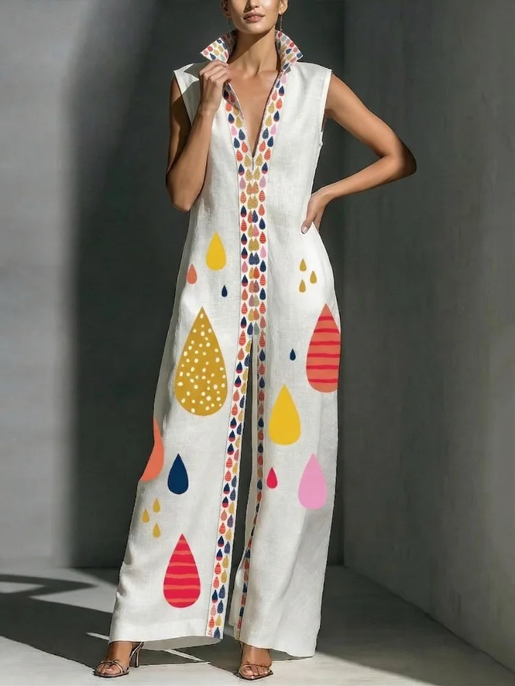 UOOZEE 2026 New Women Summer Bohemian Colorful Printed Zipper Wide Leg Jumpsuits Sleeveless Loose Casual Vacation Lapel...