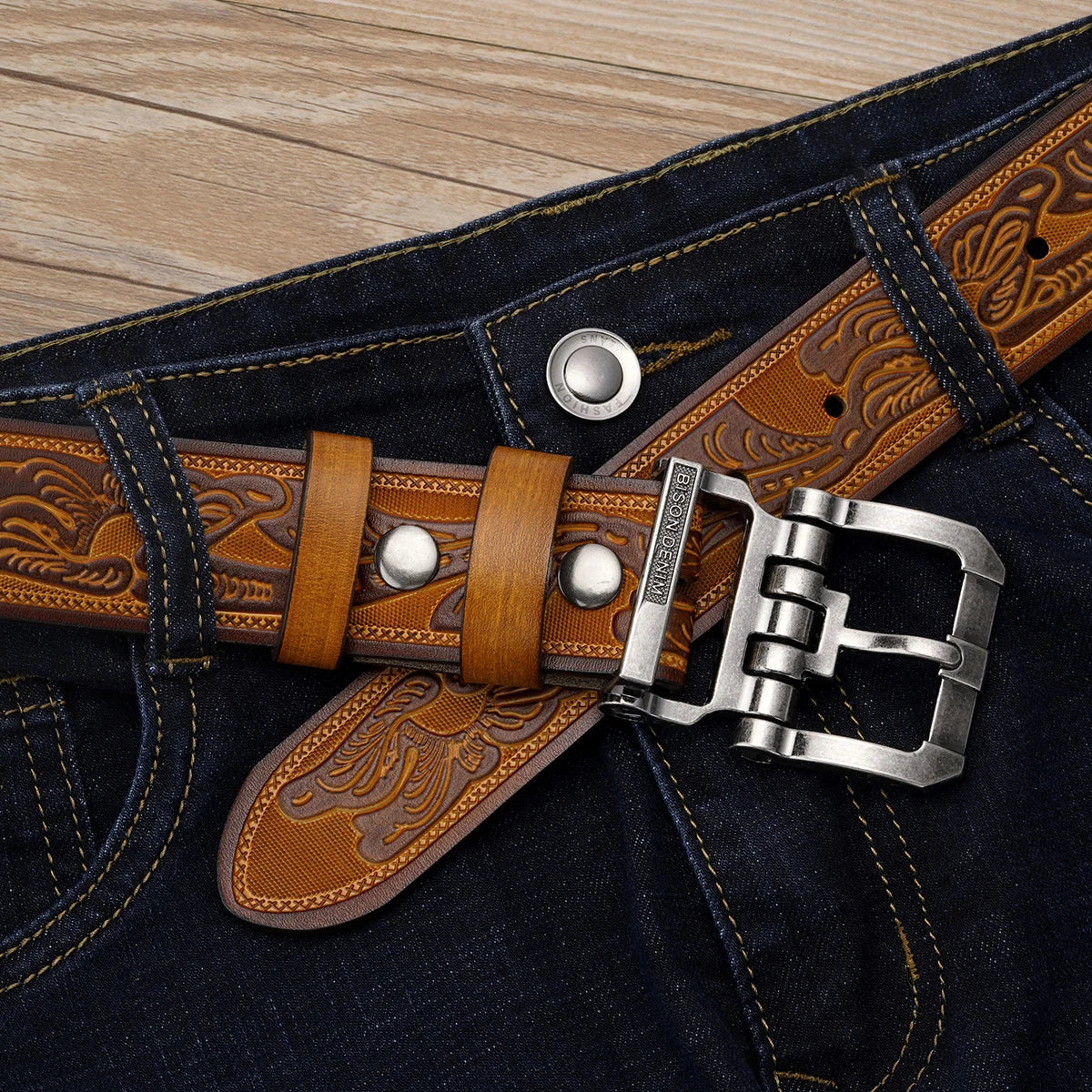 BISON DENIM Men Belts Cow Split Genuine Leather Pin Buckle Business Waist Straps Vintage Pin Buckle Fancy Male Belt For Jeans - Kimlud