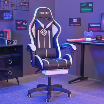 Ergonomic High Back Gaming Chair with LED RGB Lights, Massage, and Adjustable Footrest for Comfortable Video Gaming Experience