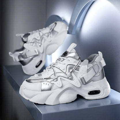 Men's Casual Sneakers with Large Mesh Breathable Upper, Metallic Texture and Contrasting Color Stitching, and Trendy Webbing Accents. Thick Air-Cushioned Soles Provide Both Height Increase and Shock Absorption, Making Them Su